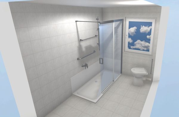 3D-Planung Eckbadewanne &rarr; ebenerdige Walk-In-Dusche