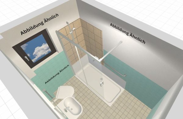 3D-Planung Klassische Wanne &rarr; barrierearme Dusche mit Sitz